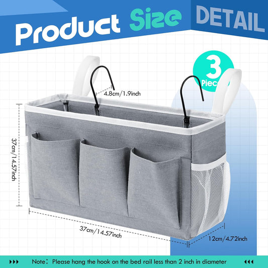 3 Pcs Bedside Caddy Storage Organizer, Bedside Hanging Storage Bag with Pockets and Fixed Straps for Bunk Bed Shelf Dorm Rooms Crib Bed Rails Hospital Beds, Can Be Placed Glasses Books
