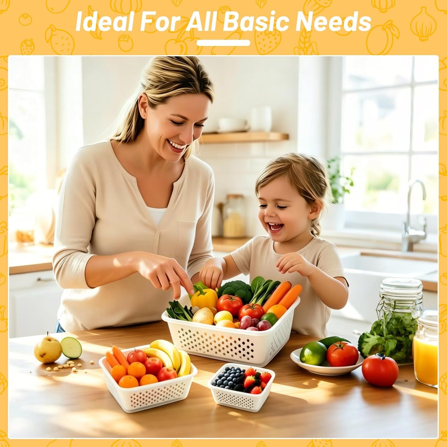 3 Pack Fruit Storage Containers for Fridge with Removable Colander | 3 BPA-free produce storage containers with colanders, airtight lids and stackable design for fruits and vegetables.