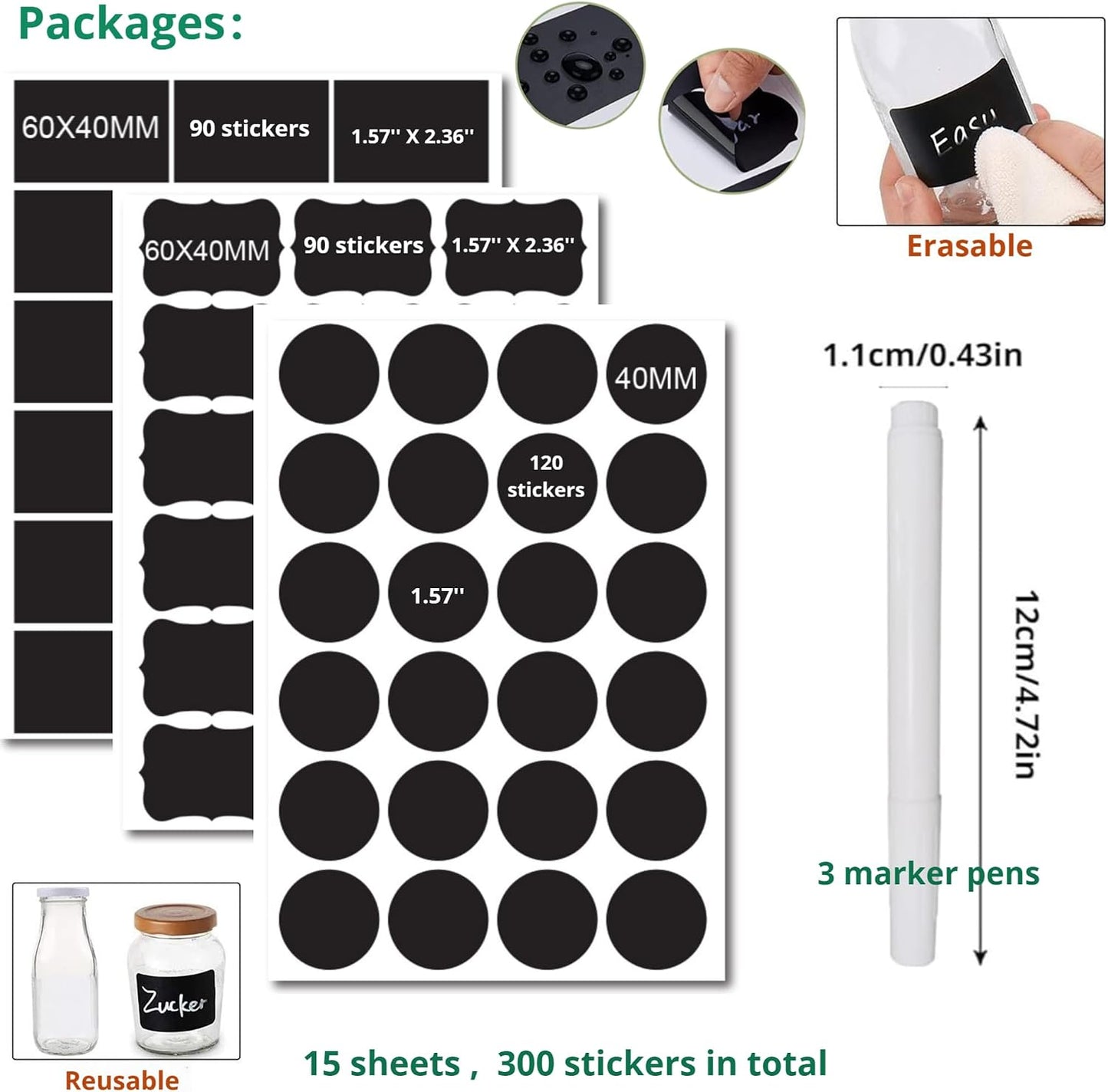 Chalkboard Label 240 Pcs Waterproof Reusable Labels for Food Containers Chalk Sticker Labels with 3 Liquid Chalk Markers for Mason Jars, Parties Decoration, Craft Rooms, Storage, Home, Kitchen