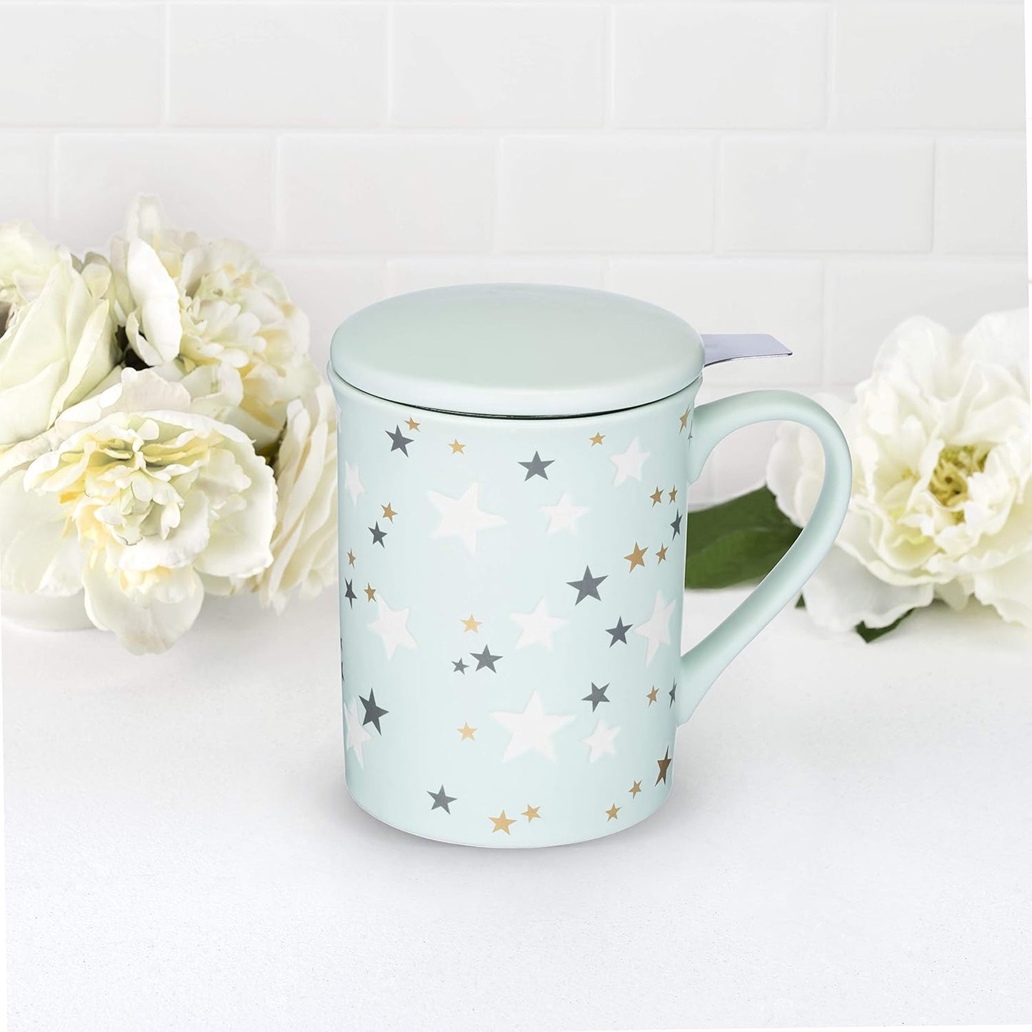 Pinky Up Annette Ceramic Tea Cup with Infuser and Lid, Travel Mug for Loose Leaf Teas, Home Office, Camping, Picnic Party, 12 oz, Set of 1, Honeycomb