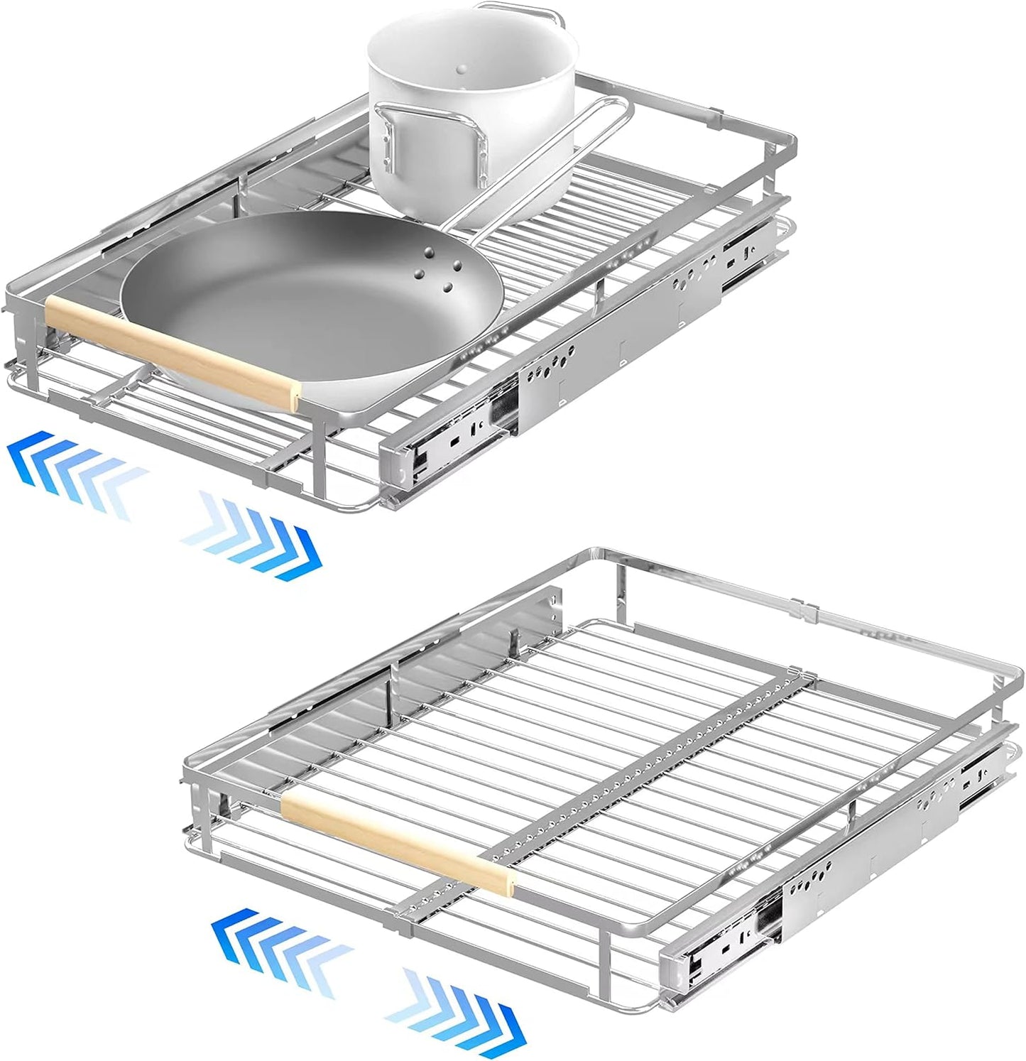 Pull Out Cabinet Organizer, 23~39.8" W x 22.5" D, 2 Pack | Expandable Pull Out Shelves for Kitchen Cabinets, Heavy Duty Stainless Steel Slide Out Pantry Shelves Sliding Shelf for Home