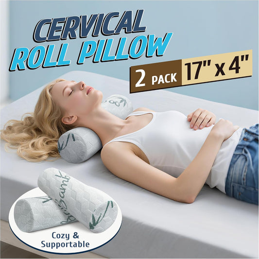Cervical Roll Pillow, Cylinder Neck Pillow with Removable Washable Cover | 2 Pack Round Bolster Pillow for Neck, Back, Leg, and Knee Support, 5" x 17"