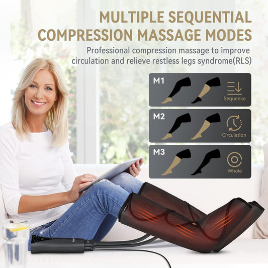 FIT KING Air Compression Leg and Foot Massager with Heat for Circulation | FSA-HSA, Adjustable Leg Wraps, Size Extensions, 3 Modes 3 Intensities, Helpful for Pain Edema RLS, Great Gift for Wife Mom