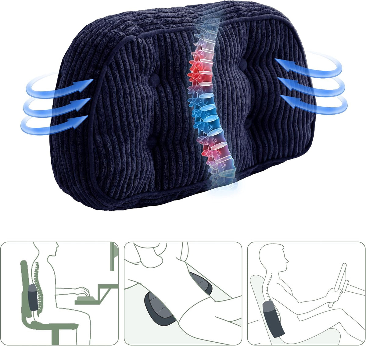 HIGOGOGO Lumbar Support Pillow for Recliner Chair/Accent Chair/Couch/Office Chair, Tufted Corduroy Back Support Cushion for Elderly, Recliner Cushions for Back Rest, Pain Relief, Reading, Dark Grey