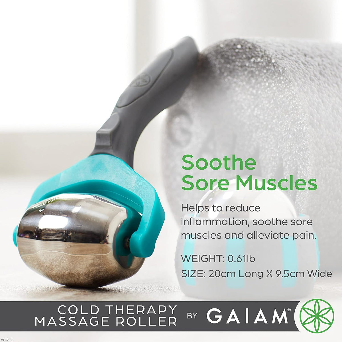 Gaiam Restore Cold Therapy Massage Roller - Easy-Glide Massage Ball Roller with Sure-Grip Handle - Muscle Massage Tool to Help with Sore Muscles, Neck, and Back Pain - Compact and Lightweight