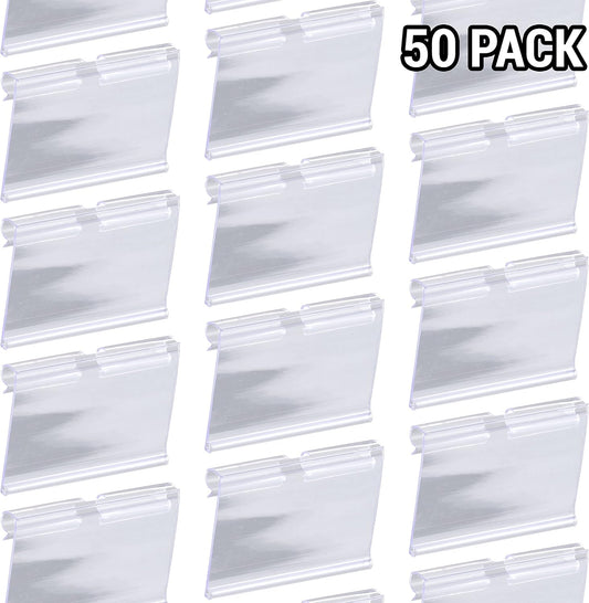 50 Pack Plastic Label Holders Clear Wire Shelf Label Holder Retail Price Card Clip On Merchandise Sign Display Tag Clips for Retail Shop Pantry Store Supermarket Wire Shelf Storage Basket Bin 6x4.2cm
