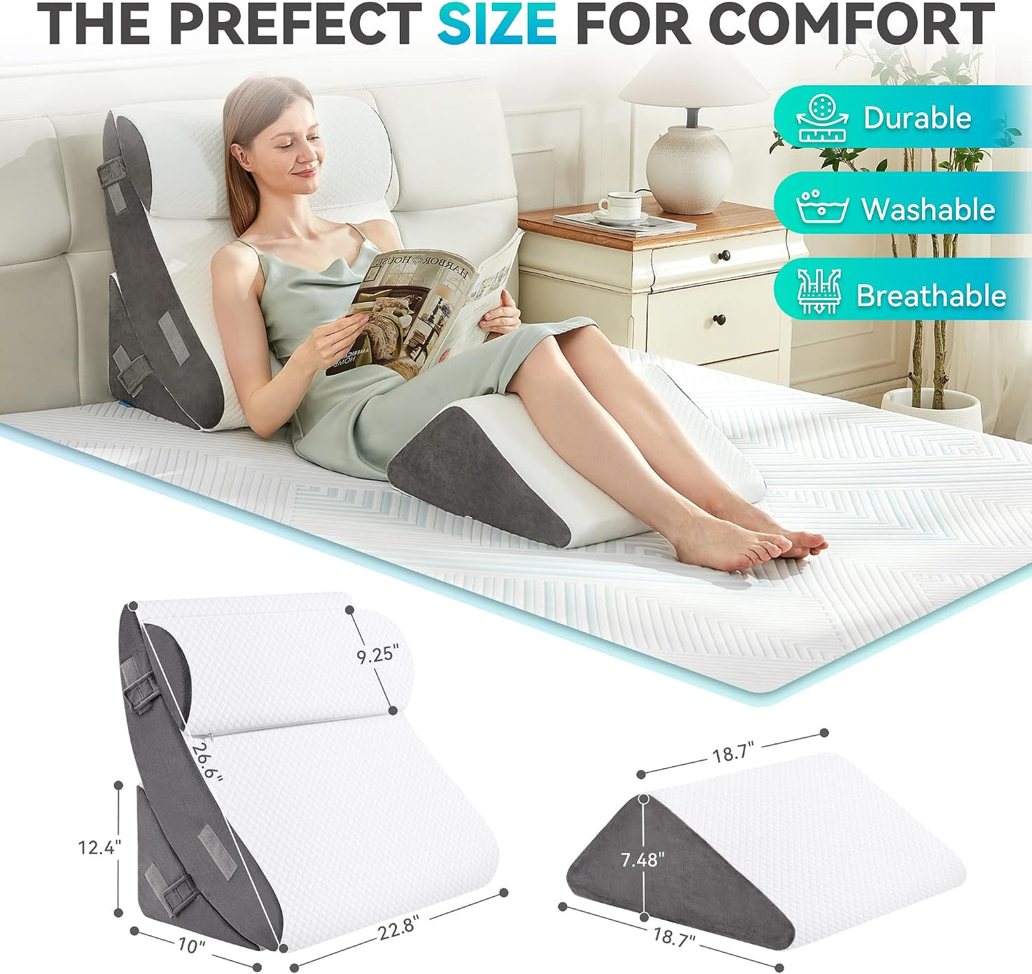 4PCS Bed Wedge Pillow Post Surgery, Orthopedic Sleeping Wedge Pillow Set for Back, Neck and Leg Pain Relief, Acid Reflux, GERD, Memory Foam Support Pillows for After Surgery, Grey