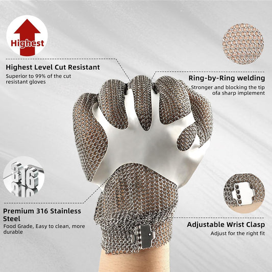 Schwer A9 Cut Resistant Metal Mesh Chainmail Glove, PM5201, 1 Pack, M | 316L Stainless Steel, Food Grade, Adjustable Wrist Clasp, Butcher Glove, Meat Cutting, Food Processing, Oyster Shucking