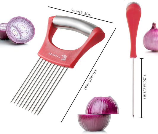 2PCS Onion Slicer Holder, XZZWLL Stainless Steel Onion Cutter for Slicing and Storage Onions, Tomato, Eggs and Vegetables, Protective Cover Included, Dishwasher Safe (Stylish Orange+ Red Color)
