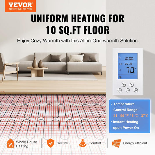 VEVOR Floor Heating Mat, 20 Sq. ft, Electric Radiant in-Floor Heated Warm System with Digital Floor Sensing Thermostat, Includes Installation Monitor, Adhesive Back for Easy Installation on The Floor