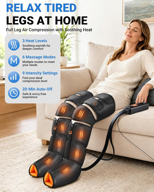 Leg Massager with Heat and Compression for Circulation Pain Relief | Sequential Air Compression Boots with Heated Knee, 9 Intensity , 6 Modes, 3 Heat, Foot Calf Thigh Massage, Pressure Sensor