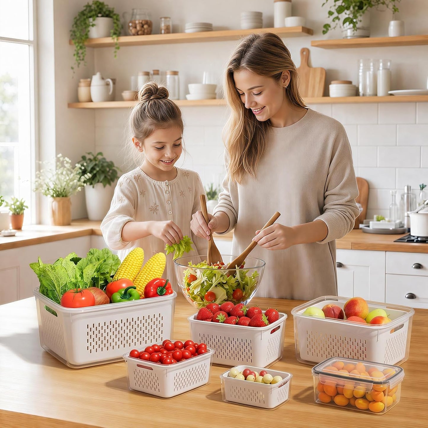 JSCARES Fruit Storage Containers for Fridge with Removable Colander, 6 Pack | Plastic Produce Saver for Refrigerator, Fruit Organizers Keep Berry Veggie Fresh Longer, Dishwasher Safe, Largest 6.55 Quart