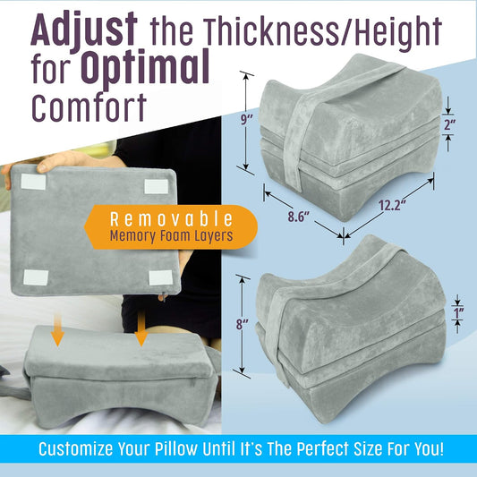 Thick Extra Firm Knee Pillow for Side Sleepers - Memory Foam Leg Pillow for Hip, Back & Knee Support, Large Between-the-Knees Cushion, Removable Layers & Strap