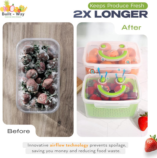Fruit Storage Containers for Fridge - Set of 4 - Airtight Lid Keeps Fresh - For Fruit & Vegetable Storage - Space-Saving Design - Ideal for Produce, Berries, Snacks - Pink