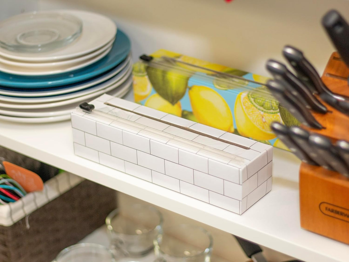 ChicWrap Subway Tile Plastic Wrap Dispenser - Includes 9"x250' roll | Small, Reusable Plastic Wrap Dispenser with Four Non-Slip Rubber Feet and Slide Cutter