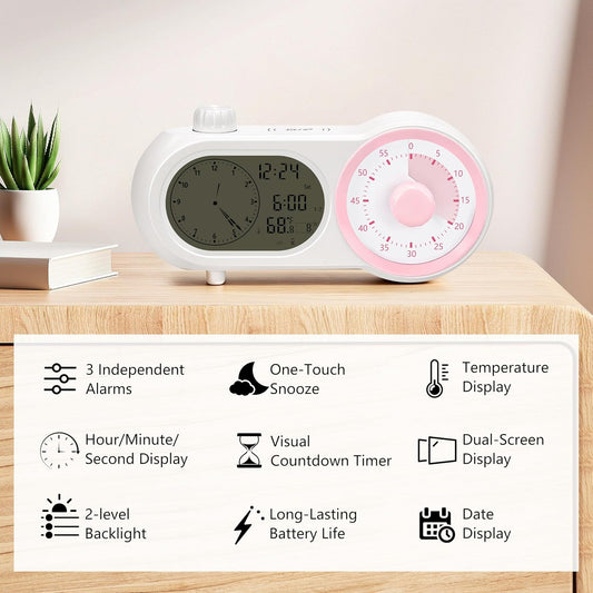 Lumuasky Digital Alarm Clock Visual Timer Silent Night Light with 60-Minute Countdown & 199-Day Count-Up, 3 Alarms, Snooze, Temperature Date Management Clock for Classroom, Home, Study (Pink)
