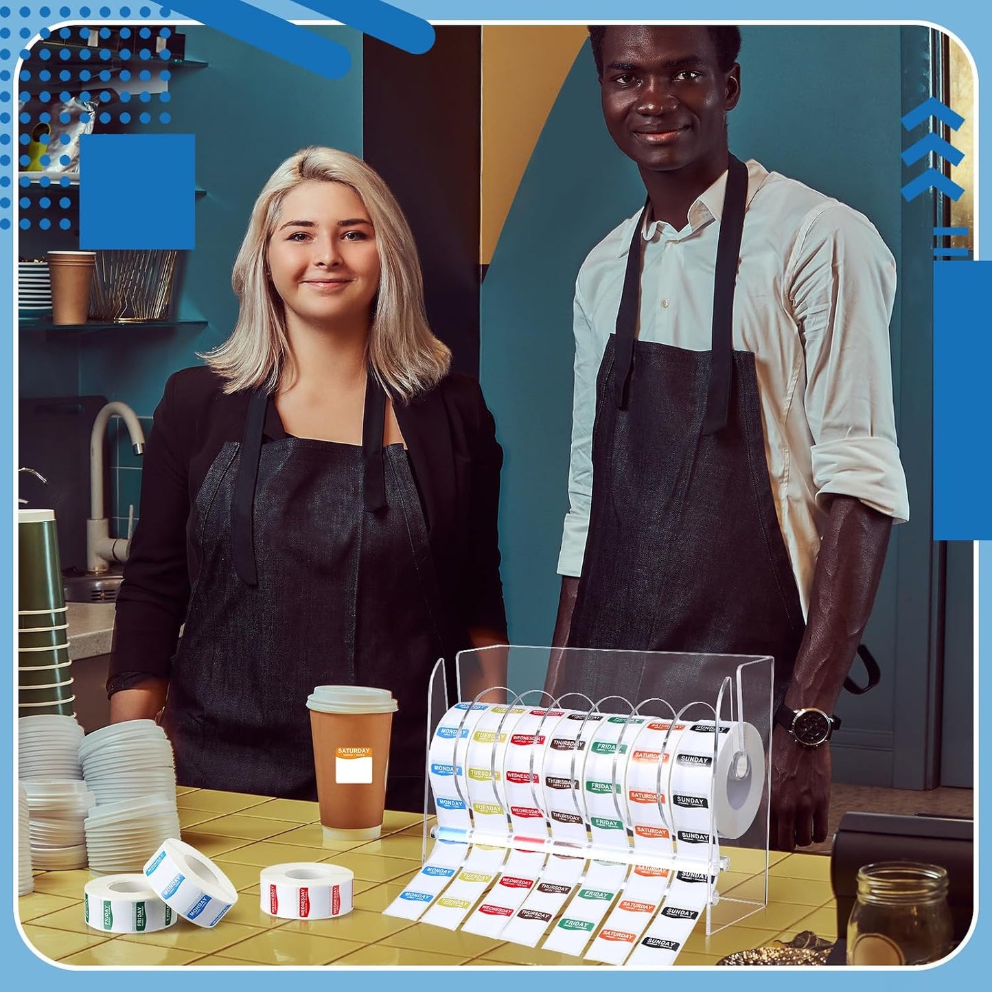 Resurhang 7000 Pcs Day of The Week Labels Food Labels with Adjustable Label Dispenser Monday Through Sunday Management Inventory Stickers Removable Weekly Self Adhesive Date Dot Stickers (Square)