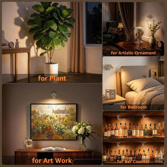 URTOM Wireless LED Spotlight Indoor with Remote Up Lights Indoor Dimmable Picture Light Battery Operated with Timer Rechargeable Spot Lights Accent Uplighting for Plant Wall Art