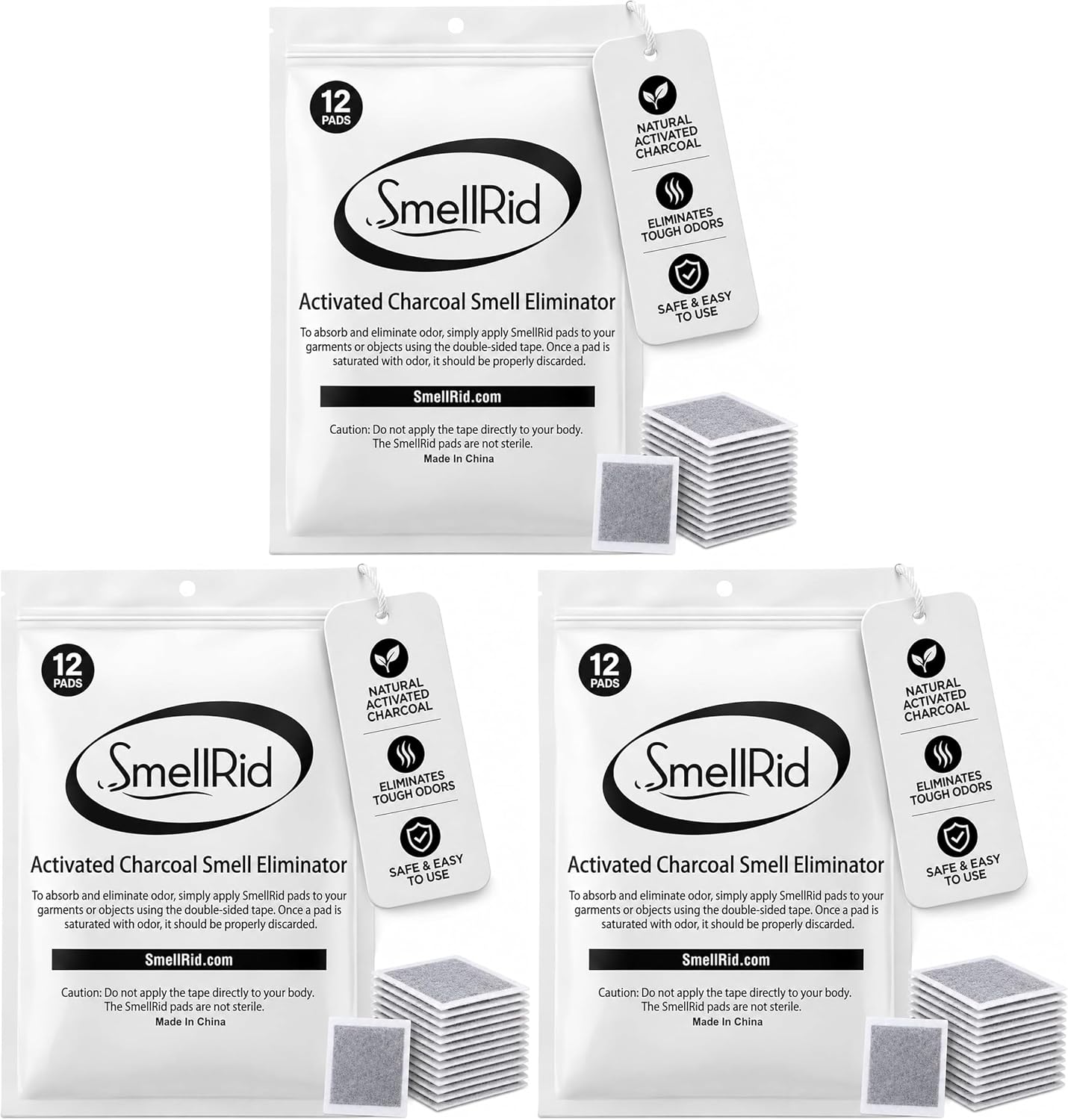 SMELLRID Activated Charcoal Odor Absorber Pads (4"x4") - Pack of 12 | 12 Unscented Adhesive (4"x4") Charcoal Pads for Body Odor, Flatulence & Personal Care Environments