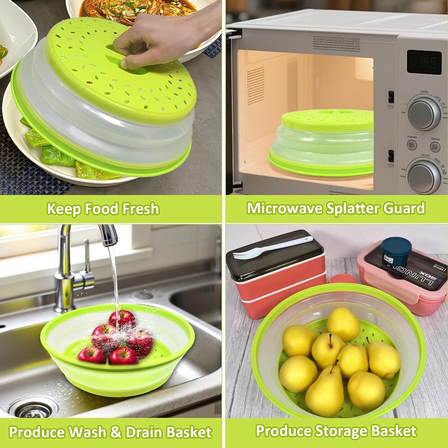 3 in 1 Microwave Splatter Cover 2 Pack Collapsible Food Cover for Food Heat Resistant Microwave Plate & Dish Cover with Handle Vented Silicone Splatter Guard Lid(Green)