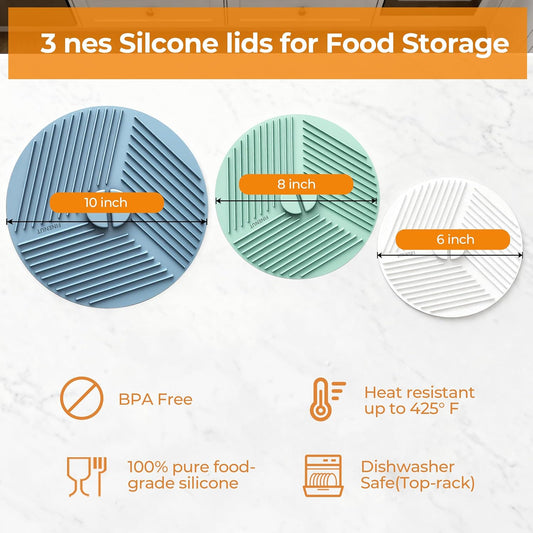 Silicone Lids for Bowls 6/8/10 Inch, Microwave Splatter Cover Food Storage Universal Multi-Use Pot Holders Trivet Mats, Heat Resistant Dishwasher Safe for Pans Plates Cups