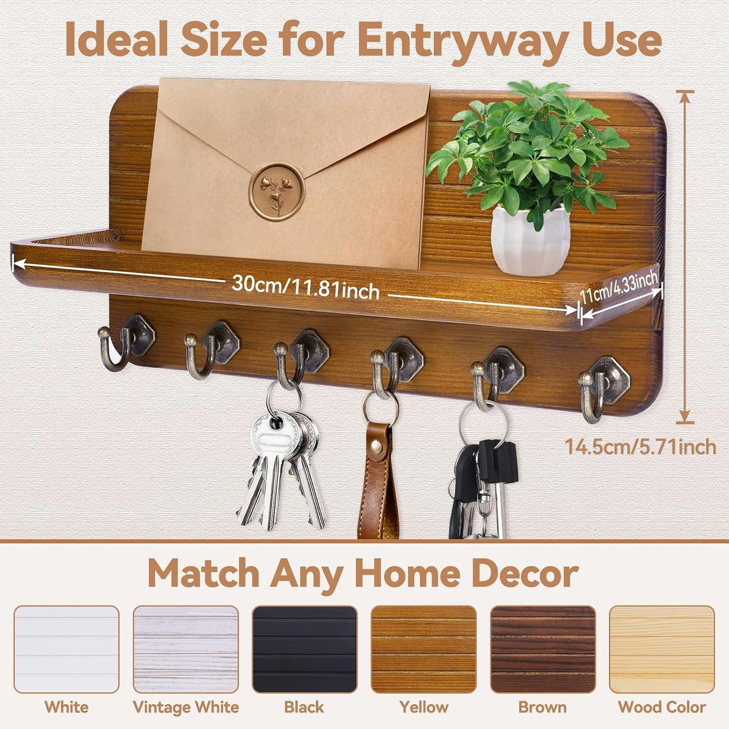 Key Holder for Wall, Mail Organizer Wall Mount with 6 Hooks Wooden Hanging Key Rack for Home Decor, Hallway, Entryway (Yellow)