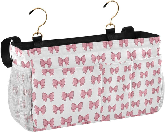 Bedside Caddy Hanging Storage Bag Pink Bows Bedside Organizer Caddy for Bunk, Dorm Room, Hospital Beds - Place Magazines / Remotes / Keys