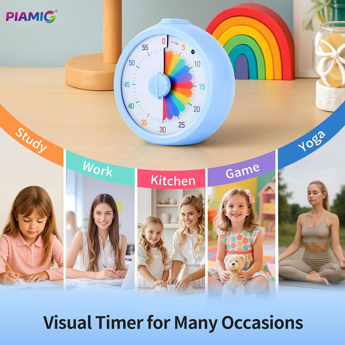 Visual Timer, 60-Minute Countdown Timer for Kids and Adults with Adjustable Volume, Rainbow Design Time Management Tools with Silent Operation, Suitable for Classroom, Office and Home (Blue)