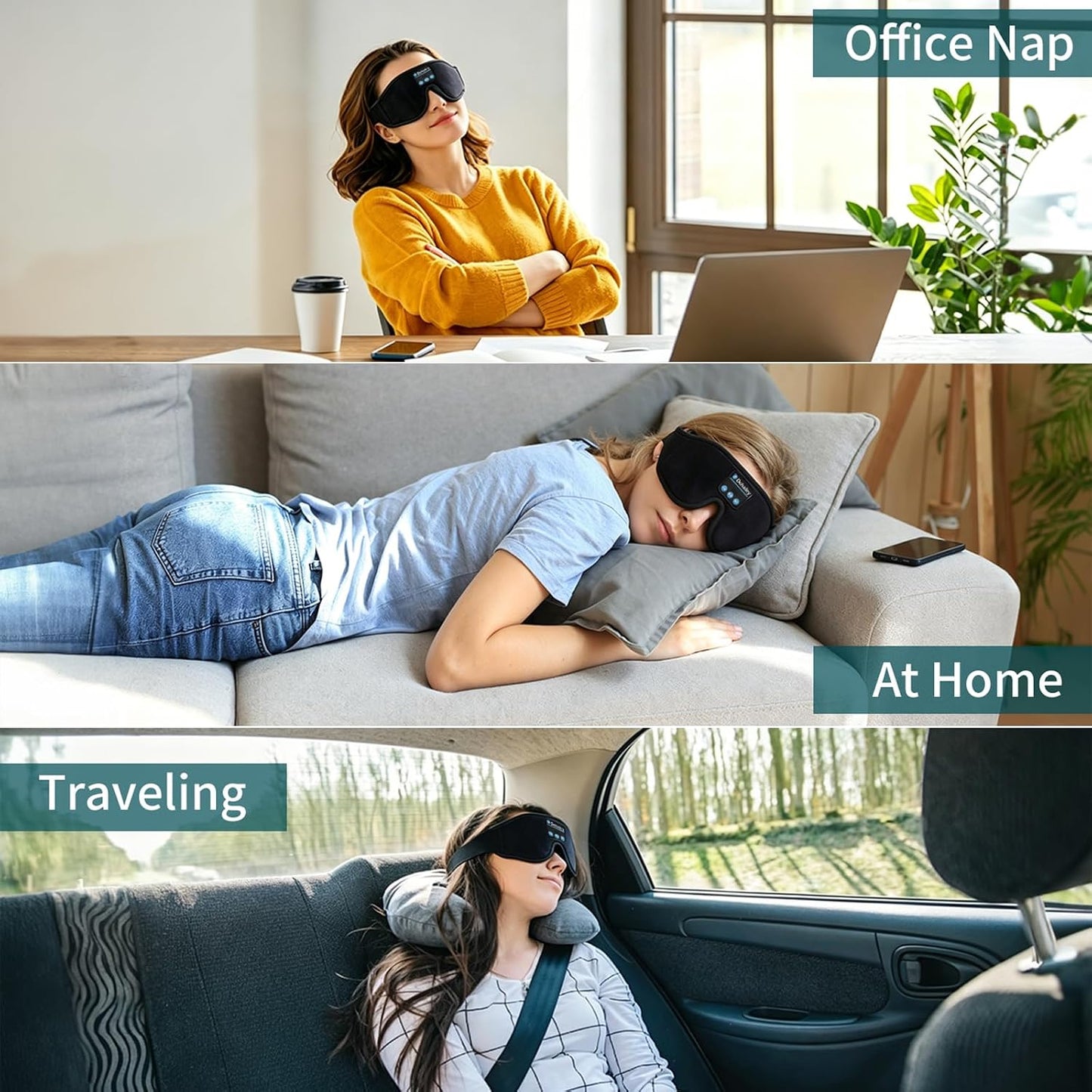 Sleep Mask with Bluetooth Headphones, 100% Light Blocking Sleep Headphones for Side Sleepers Men Women, Eye Mask with Thin Stereo Speakers, Soft Eye Cover for Travel Gift (Plus Size)
