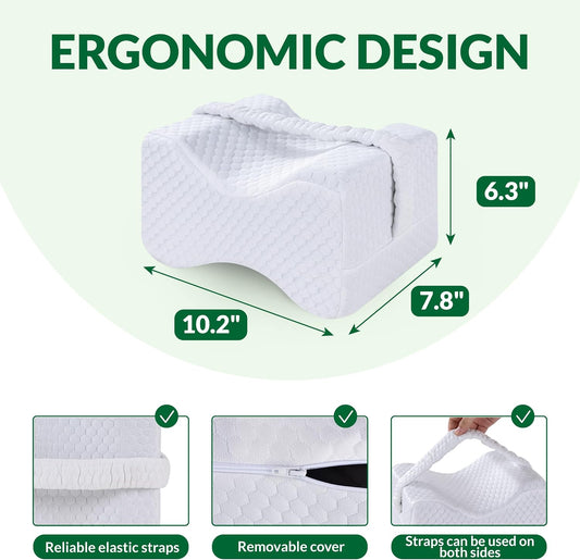 Knee Pillow for Side Sleepers - Between Legs Pillow for Side Sleeping, Back & Sciatica Pain Relief, Joints & Hip, Charcoal Memory Foam Leg Cushion, with Straps & Removable Cover (White)