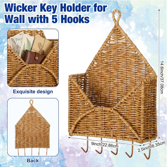 Gerrii Wicker Key Holder for Wall Rattan Mail Shape Holder with 5 Hooks Boho Modern Farmhouse Wall Hanging Decor for Entryway Living Room Office Key Letter Newspaper Files Organizer