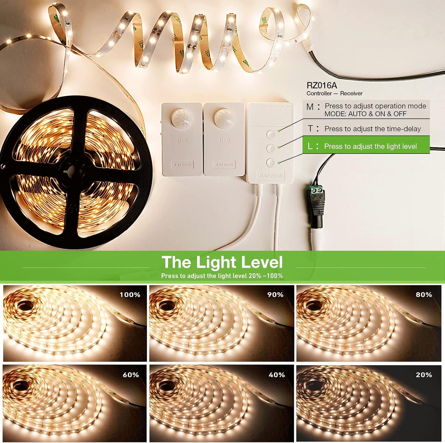 RAYZEEK Wireless Motion Activated LED Strip Lights,19.7FT LED Strip Lights with Power Adapter,Wireless Motion Sensor Control Dimmer,Timing,Cool White (1×Controller+2×Motion Sensor)