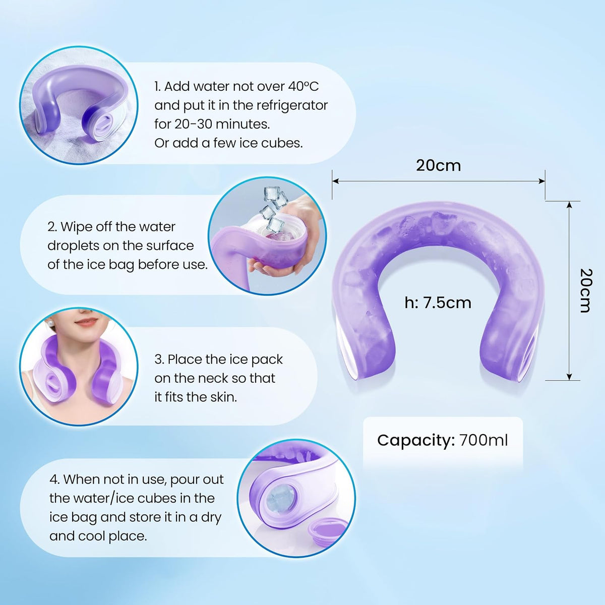 Neck Cooler for Hot Weather, Reusable Wearable Ice Water Neck Wrap with Wide Mouth for Ice Cubes, U-Shaped Cooling Neck Pack for Summer Heat, Outdoor Work, Sports, Travel & Hot Flashes, Blue
