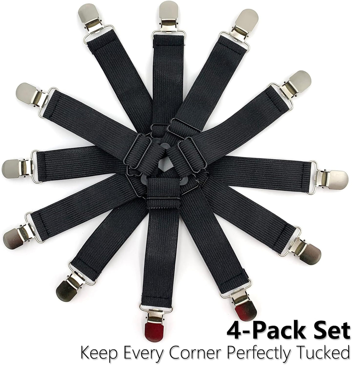 4PCS Bed Sheet Holder Straps – Triangle Adjustable Elastic Fasteners with Metal Clips, Heavy Duty Sheet Suspenders for Fitted & Flat Sheets, Mattress Covers, Sofa Cushions
