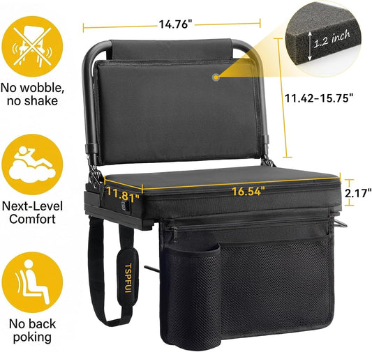 Heated Stadium Seat, Folding Chair with Back Support for Bleachers | 5-Position Adjustable Backrest, 16.5" Wide Seat, USB Heating Pad (Power Bank NOT Included), Supports 330 lbs, Carry Strap
