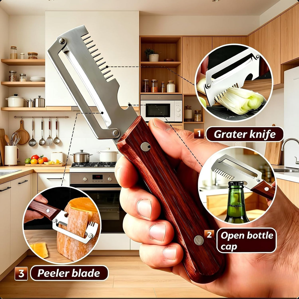 2PCS Multifunctional Vegetable Peeler, Premium Vegetable Peeler with Wooden Handle, 3-in-1 Peelers For Kitchen with Bottle Opener, Stainless Steel Blade Kitchen Tool for Vegetables Fruit