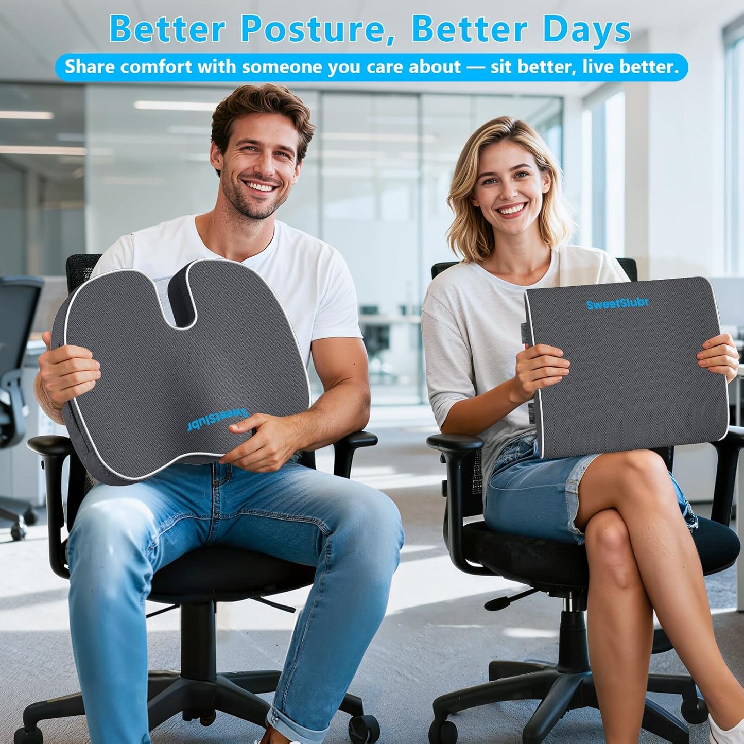 SweetSlubr Memory Foam Seat Cushion & Lumbar Support Pillow Set Black Large | U-shaped Cushion Design, Washable Mesh Cover, Adjustable Straps, Non-slip Base, Office Chair and Car Seat Use
