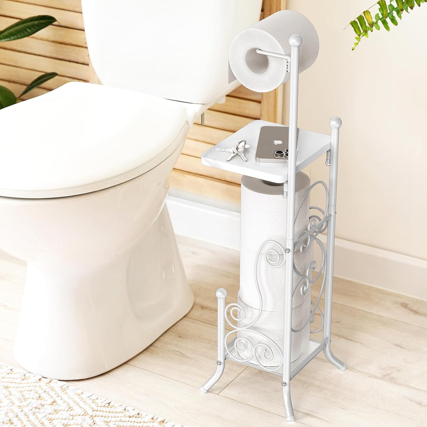 Simple Houseware English Style Toilet Paper Stand Holder w/Woodtop, Bronze | 4 Paper Rolls, 8.5" x 8.75" x 29.2"