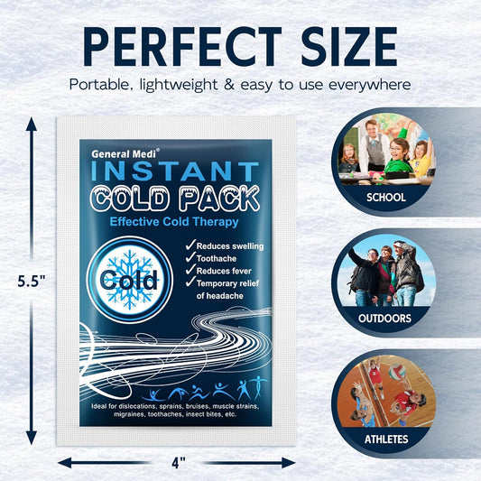 General Medi Instant Ice Cold Pack (4”x 5.5”) – 25 Packs Disposable Cold Therapy Ice Packs for Pain Relief, Swelling, Inflammation, Sprains, Toothache – for Athletes & Outdoor Activities
