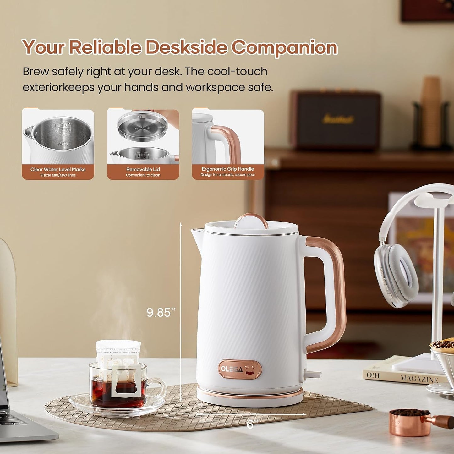 OLEGA Electric Tea Kettle: 1200W Fast Boil Electric Water Kettles 1.5L | Stainless Steel Kettle; Large Electric Water Kettle; Plastic Free Teapot; Auto Shut-Off Water Boiler; Fast Boil Kettles