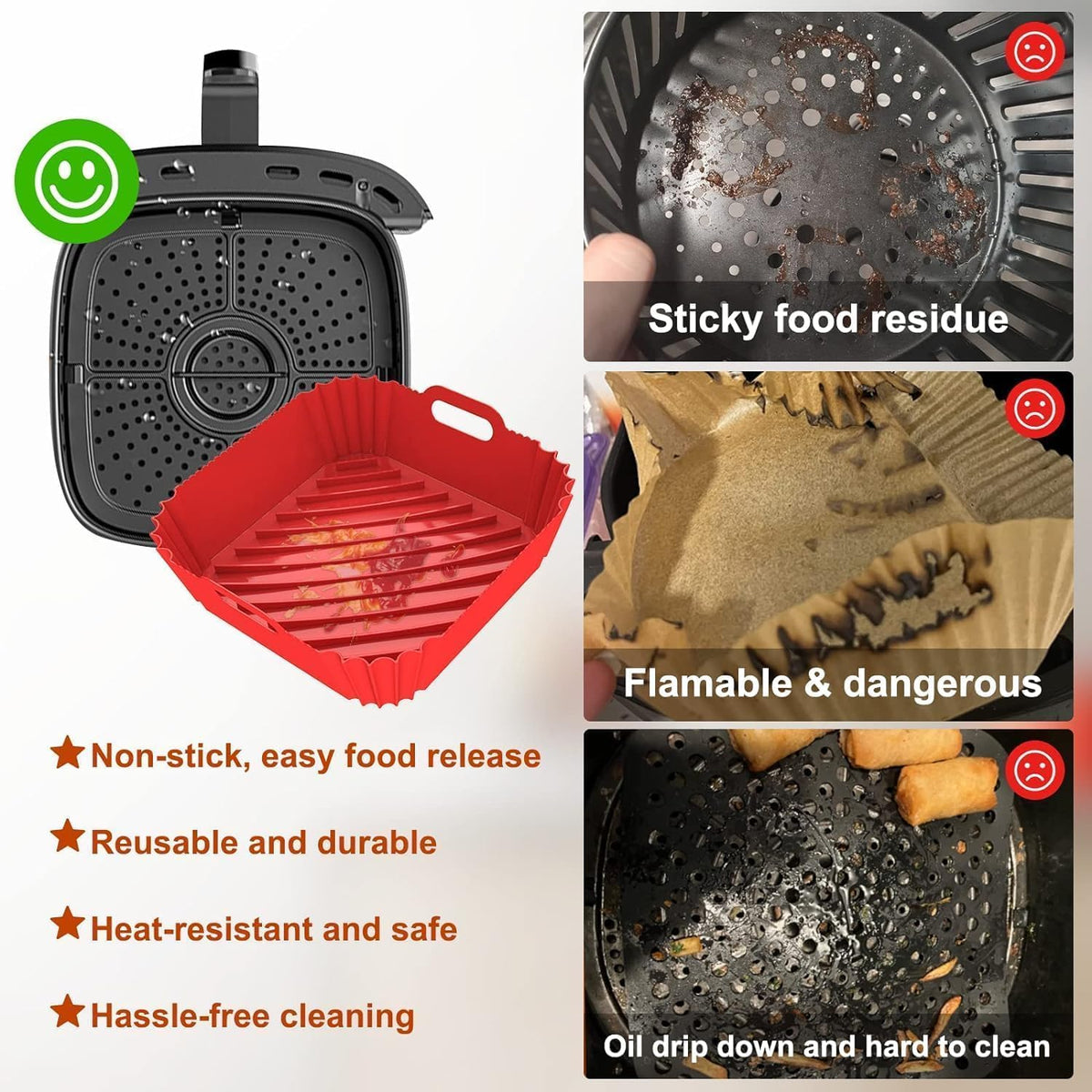 Air Fryer Silicone Liners Square 2 Pack 7.1 Inch Airfryer Liners 4-7 QT Reusable Air Fryer Liners Silicone Pot Oven Liner Baking Tray, Air Fryer Basket Silicone Mat Bowl Air Fryer Accessories Kitchen
