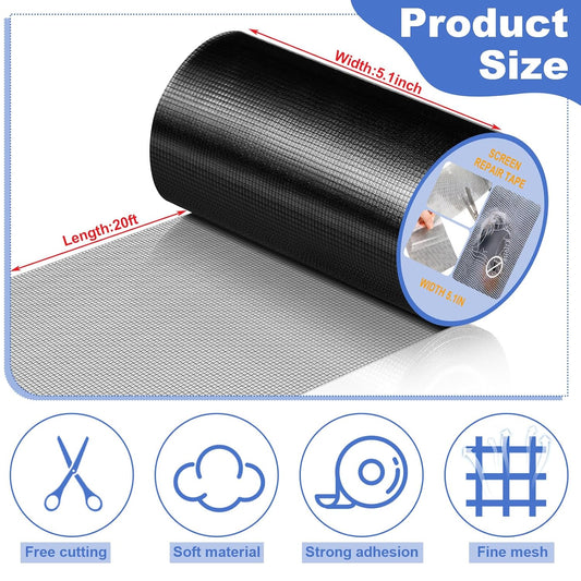 CroBlissful 5 Inch X 20 ft Extra Wide Window Screen Tape Mesh Repair, Gray | Strong Adhesive, Waterproof Fiberglass, Screen Repair Kit Patch, for Window Door Tears Holes