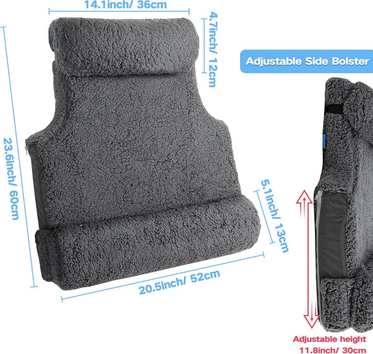 3-in-1 Lumbar Support Pillow with Headrest for Recliner, Memory Foam Back Cushion Set with Adjustable Side Bolster for Targeted Lower Back Pain Relief, Plush Sherpa Fleece Cover, Grey