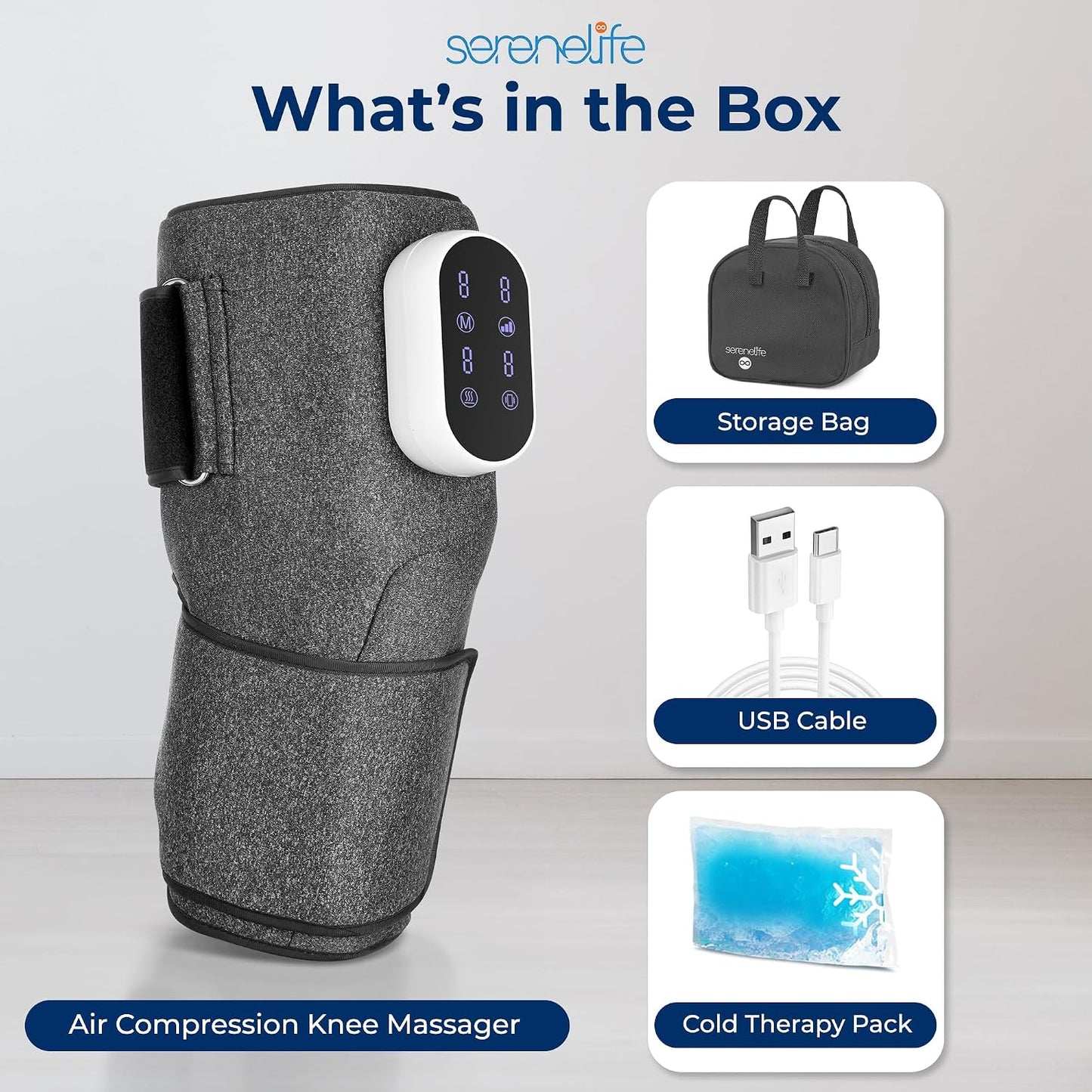 SereneLife 3-in-1 Air Compression Knee Massager with Heat and Vibration, Rechargeable Cordless Knee Wrap, 4 Airbags, 4 Vibration Modes, 2 Heat Settings, Smart LED Controller, Ice Pack, Carry Bag