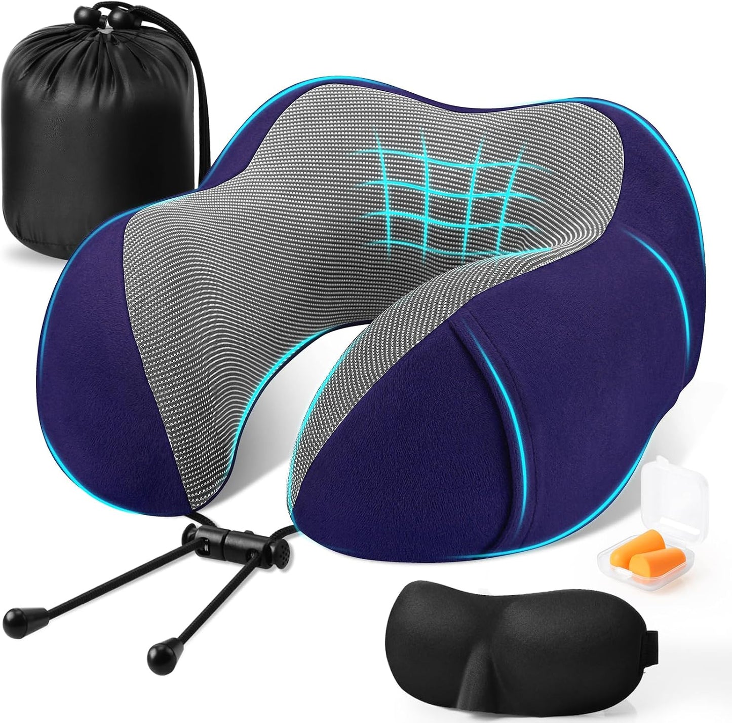 CloudBliss Neck Pillow for Airplanes, Memory Foam Travel Pillow, Black | Compact Flight Pillow with Eye Mask, Earplugs, Carry Bag, Travel Neck Pillow for Long Flight Sleep, Plane Travel Essentials