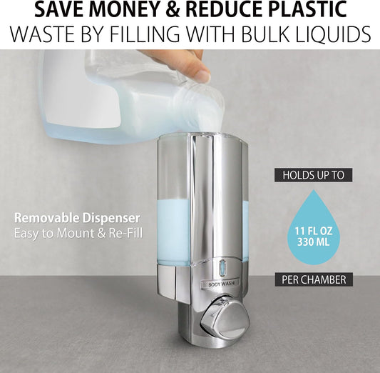 Better Living Aviva Wall Mount Shower Dispenser, 3 x 11 oz, Satin Silver | 3 Chamber, Shower Dispenser for Bathroom, Built-in Hooks, No Drill, Waterproof Dispenser Pump