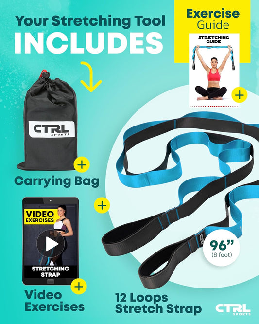 Stretching Strap with Loops - Non Elastic Yoga Strap for Physical Therapy | Video Exercises Included - Stretch bands for Stretching Equipment and Flexibility - Fascia, Hamstring & Leg Stretcher Belt