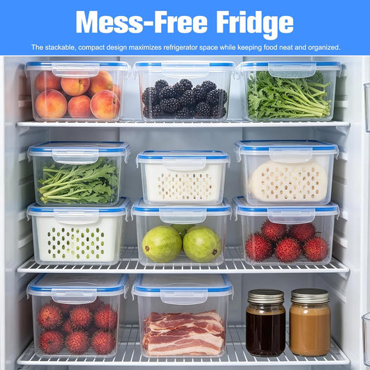 3 PCS Fruit Storage Containers for Fridge,Removable Colander,Fresh Longer | Airtight Food Storage Containers,Keep Fresh Longer,Household Transparent Plastic Food Storage Box-Including Drain Basket