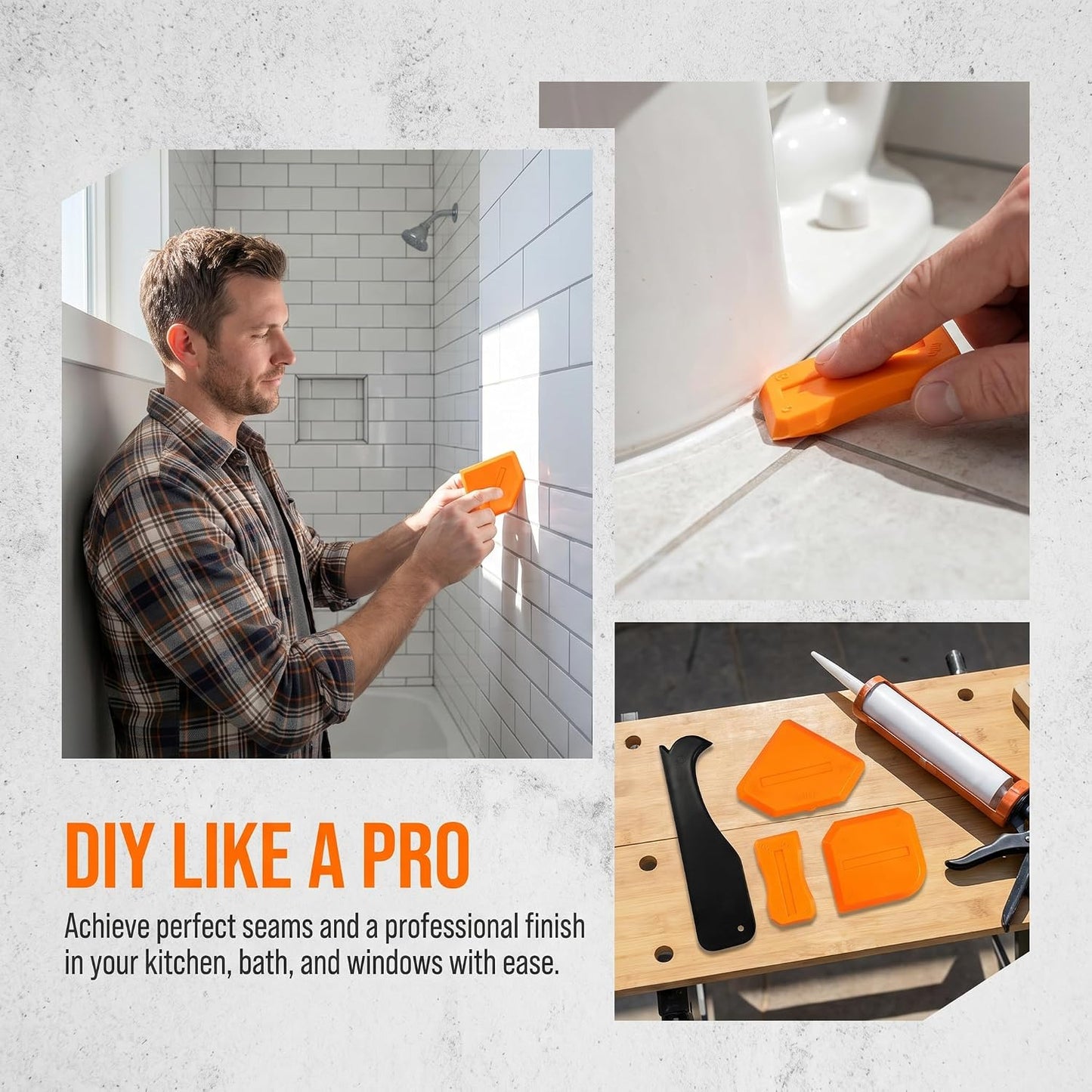 5-in-1 Caulking Tool Kit, Stainless Steel Caulk Remover & Silicone Sealant Finishing Tool with 5 Replaceable Radius Pads, Grout Removal & Scraper Tool for Bathroom, Kitchen, Tile, Window, Sink