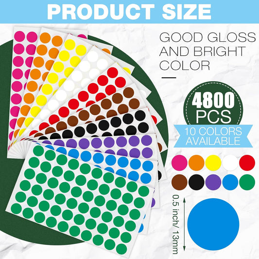 Epakh 4800 Pieces 1/2 Inch Colored Dot Stickers Round Labels 10 Colors | Circle Labels for Marking Organizing, Color Coding Adhesive, For Office Classroom Home Storage, Easy Peel Application